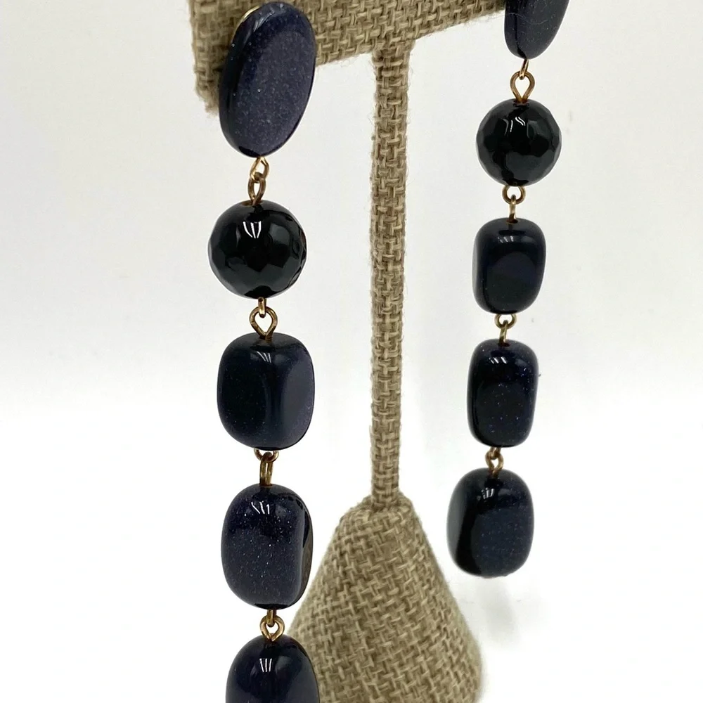 Earrings Artisan Stone ? Beaded Dark Navy Gold Specks Heavy 4”